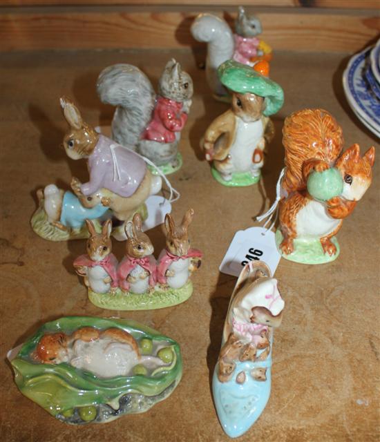 8 Beswick Beatrix Potter figures, Timmy Tiptoes, Squirrel Nutkin, etc, brown back stamps